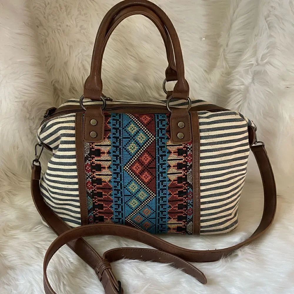 MMS Aztec embroideryΒ and canvas beige and grayβstripesβSatchelβbrownβtrim